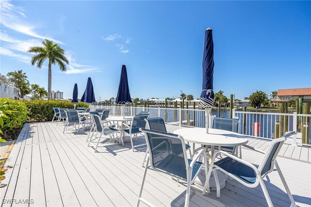 wooden terrace featuring a water view