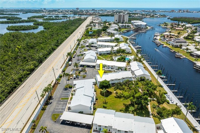 bird's eye view with a water view