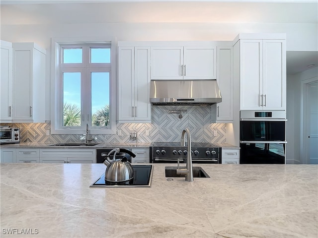 kitchen with sink, white cabinetry, decorative backsplash, extractor fan, and double oven