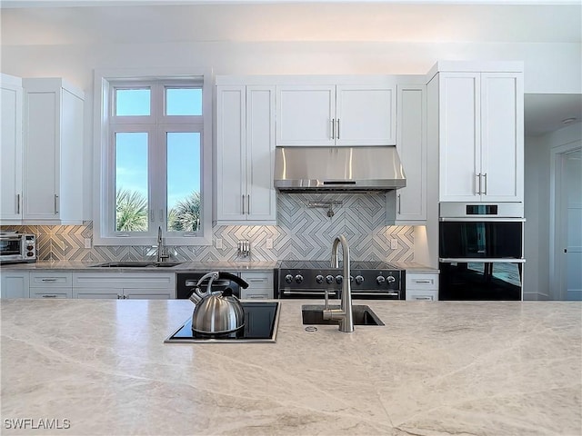 9345 Dimmick Dr, Sanibel, FL 33957 - kitchen with a toaster, double oven, under cabinet range hood, tasteful backsplash, and a sink