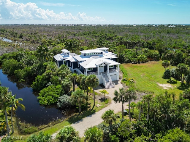 drone / aerial view featuring a water view