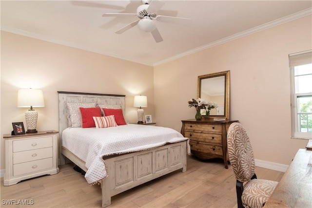 bedroom featuring light hardwood / wood-style flooring, ceiling fan, and ornamental molding