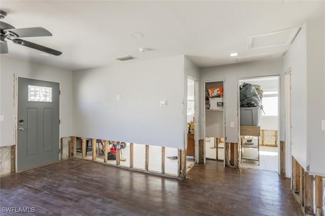 entrance foyer featuring ceiling fan and dark wood-type flooring