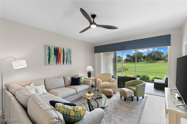 living room featuring ceiling fan