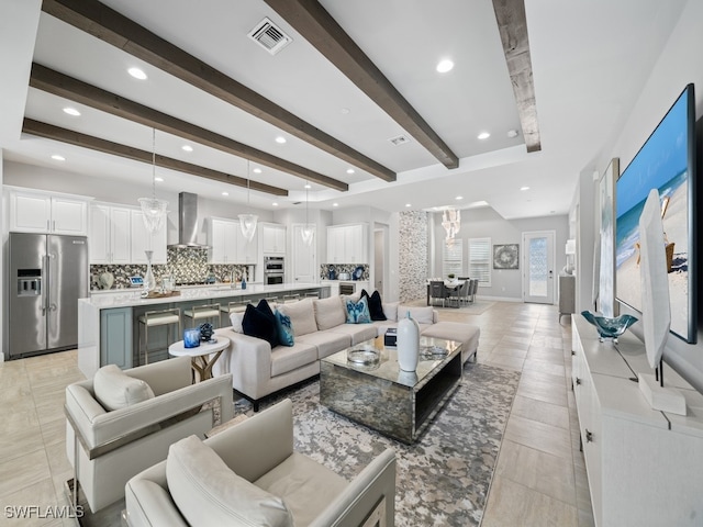 tiled living room featuring beam ceiling