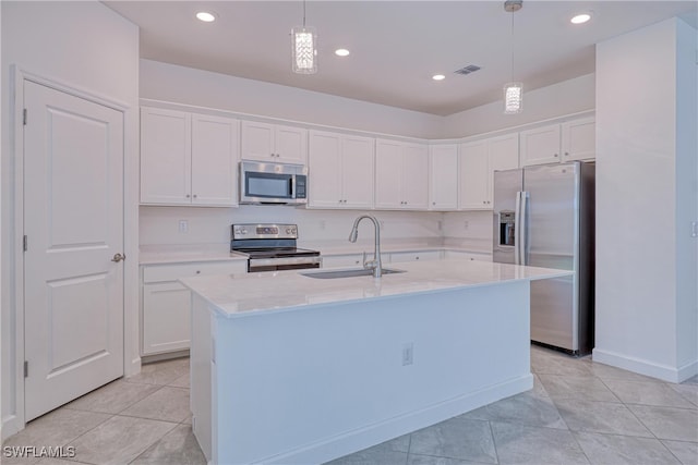 kitchen with stainless steel appliances, white cabinetry, decorative light fixtures, and sink