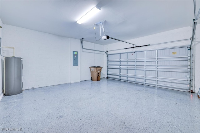 garage featuring a garage door opener, electric water heater, and electric panel