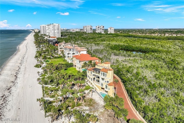 drone / aerial view featuring a water view, a beach view, and a city view