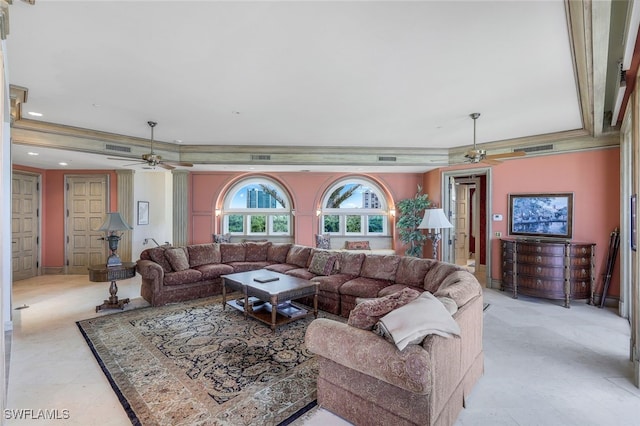 living area with visible vents, recessed lighting, a ceiling fan, and crown molding