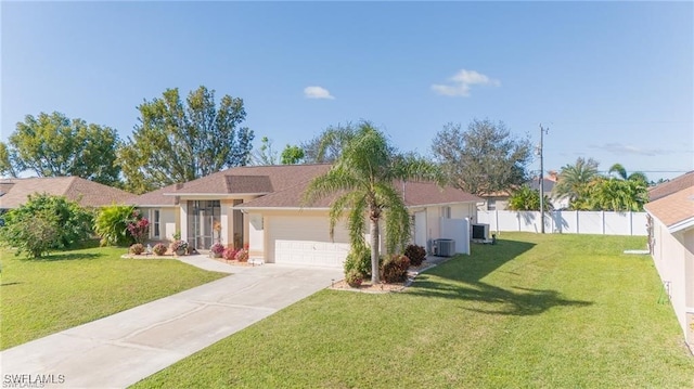 ranch-style house featuring a garage and a front yard