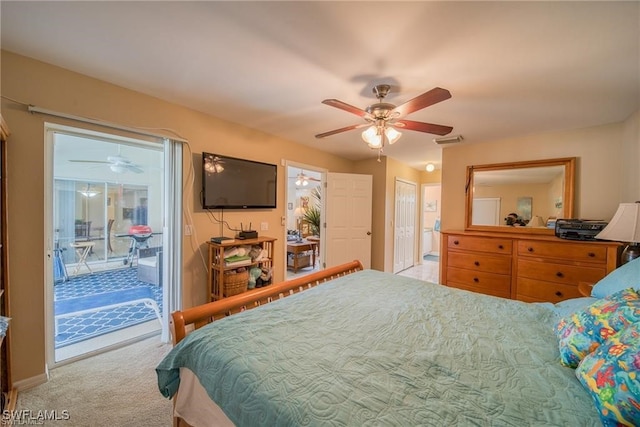 carpeted bedroom with ceiling fan and access to exterior