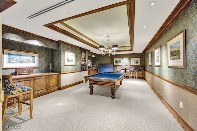 game room featuring billiards, light colored carpet, a tray ceiling, and crown molding