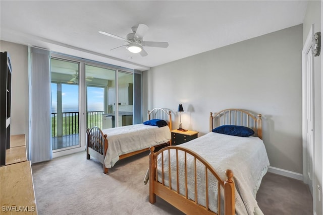 bedroom featuring ceiling fan, light colored carpet, and access to outside