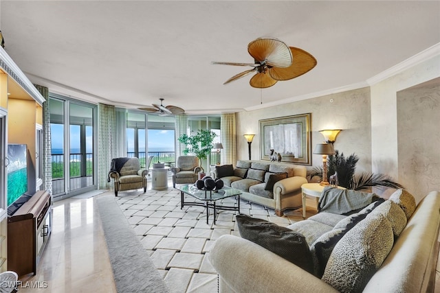 living room featuring ceiling fan, floor to ceiling windows, and ornamental molding