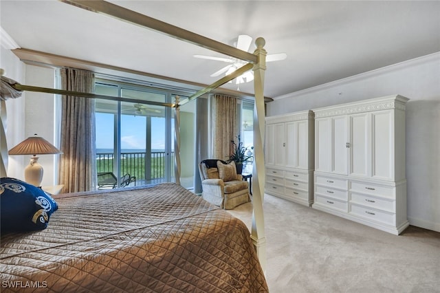 bedroom with ceiling fan, light colored carpet, access to exterior, and crown molding