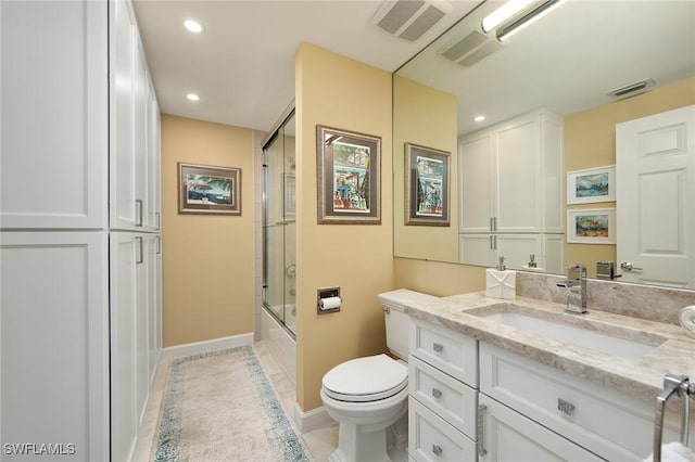 14250 Royal Harbour Ct Unit 817, Fort Myers, FL 33908 - bathroom featuring recessed lighting, toilet, vanity, shower / bath combination with glass door, and baseboards
