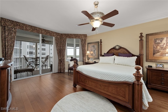 bedroom with access to outside, dark hardwood / wood-style flooring, ceiling fan, and crown molding