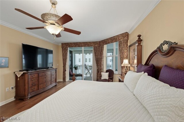 14250 Royal Harbour Ct Unit 817, Fort Myers, FL 33908 - bedroom with access to exterior, baseboards, crown molding, dark wood-style floors, and ceiling fan