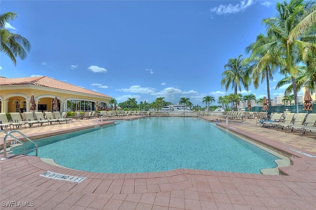 view of swimming pool featuring a patio area