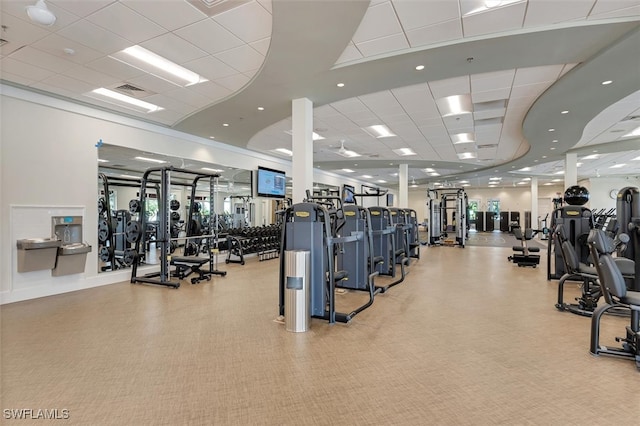 workout area with a drop ceiling and light colored carpet