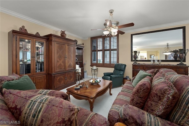 14250 Royal Harbour Ct Unit 817, Fort Myers, FL 33908 - living area with crown molding and ceiling fan