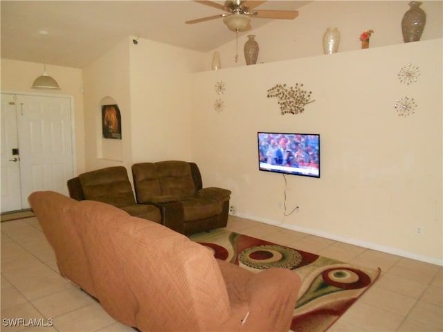 living room with light tile patterned floors and ceiling fan