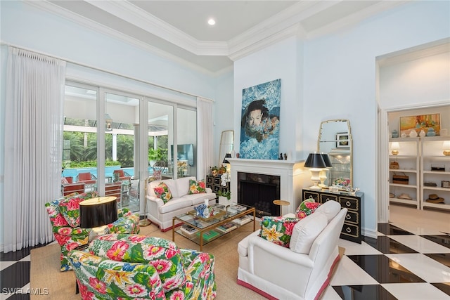 living room featuring crown molding