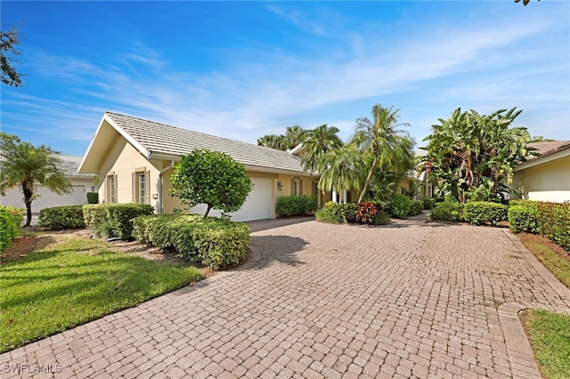 ranch-style home featuring a tiled roof, an attached garage, driveway, and stucco siding