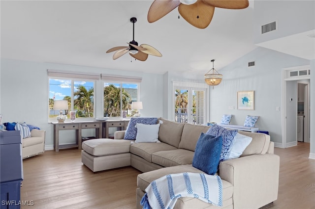 3311 Twin Lakes Ln, Sanibel, FL 33957 - living area with a ceiling fan, light wood finished floors, and high vaulted ceiling