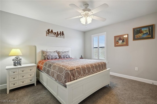 bedroom with ceiling fan and dark carpet