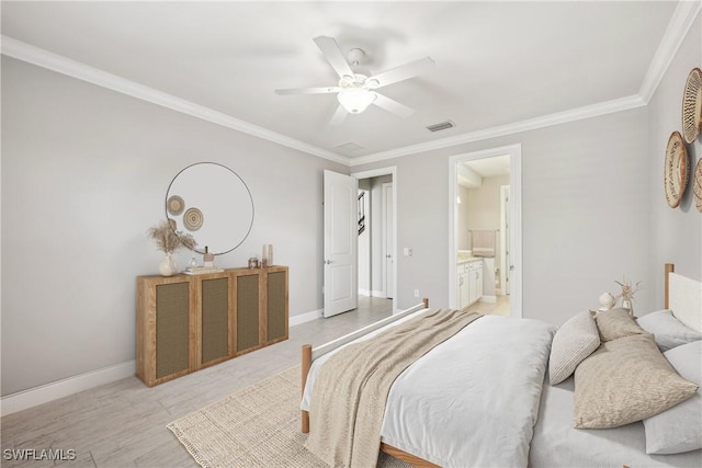 bedroom featuring ensuite bathroom, ceiling fan, light wood-type flooring, and crown molding