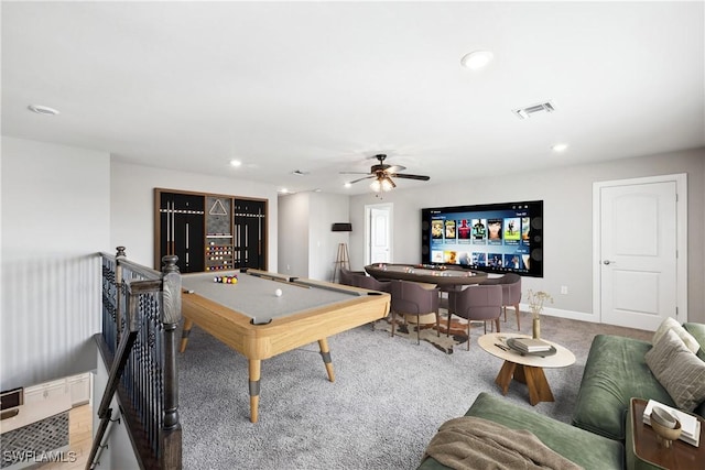 game room with ceiling fan and pool table