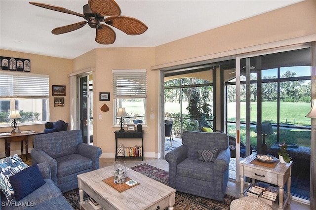 living room with ceiling fan