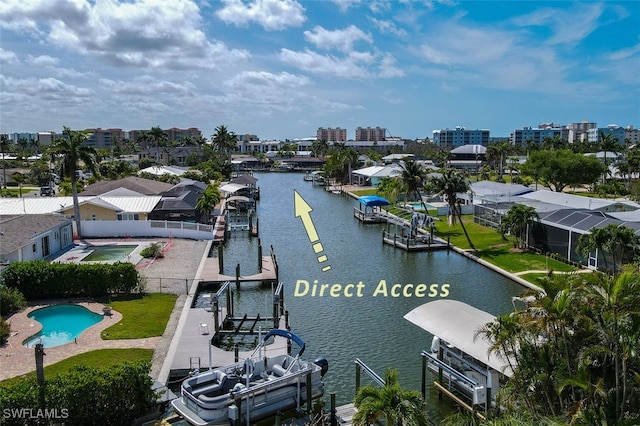 bird's eye view with a water view