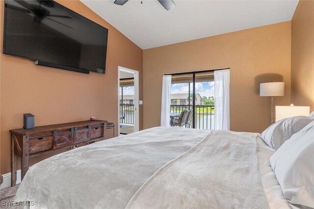 bedroom featuring access to exterior, vaulted ceiling, and ceiling fan