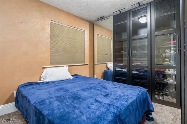 carpeted bedroom with a textured ceiling