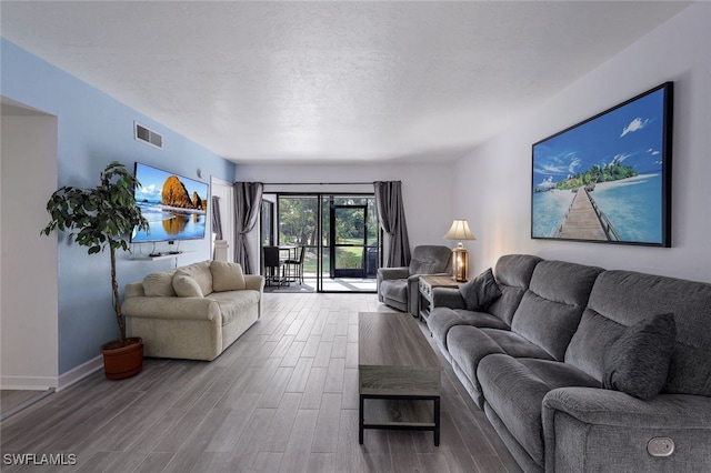 living room with a textured ceiling and hardwood / wood-style flooring