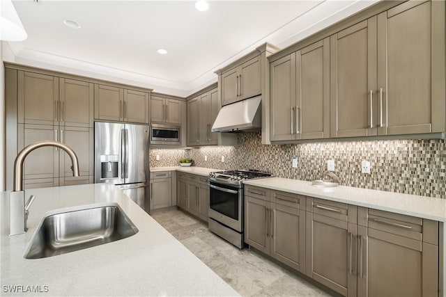 kitchen with stainless steel appliances, decorative backsplash, and sink