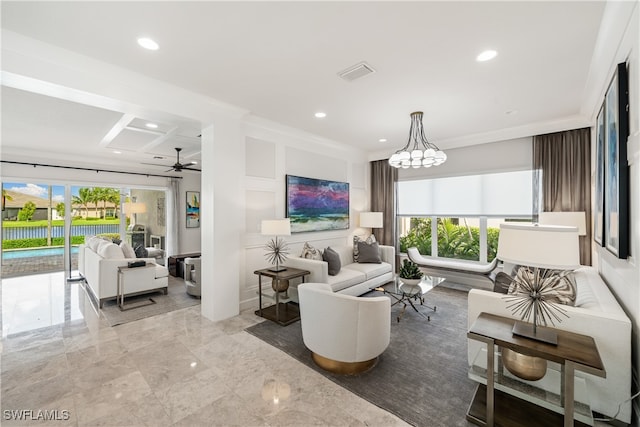 living room featuring a healthy amount of sunlight, coffered ceiling, and ceiling fan