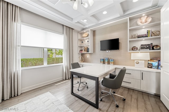 office space featuring beamed ceiling, coffered ceiling, and light wood-type flooring