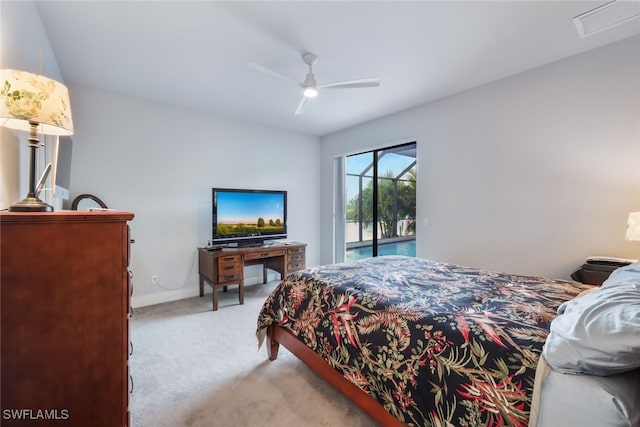 carpeted bedroom featuring ceiling fan and access to outside