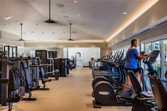 gym featuring lofted ceiling