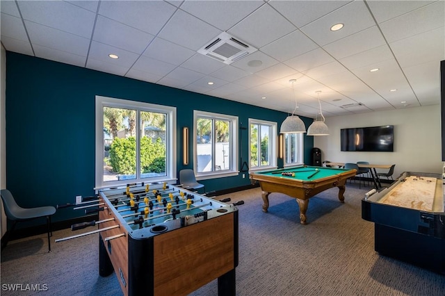 rec room with billiards, a paneled ceiling, and carpet