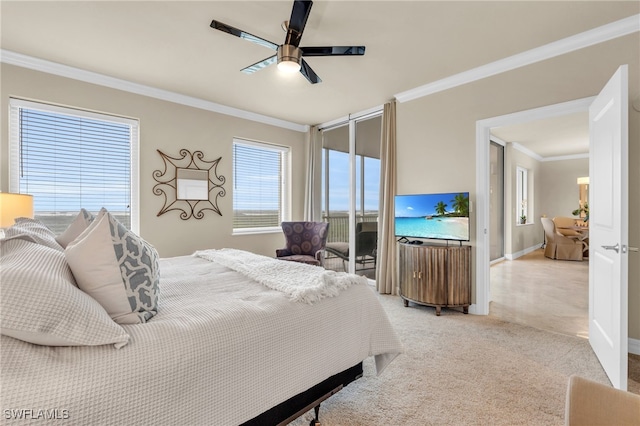 bedroom featuring light carpet, crown molding, and ceiling fan