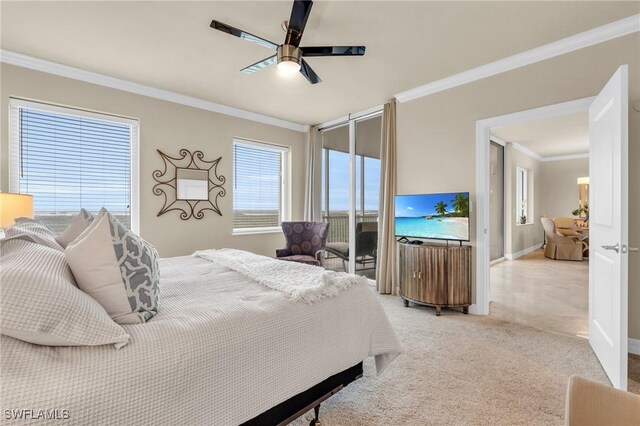 4751 W Bay Blvd Unit 1005, Estero, FL 33928 - bedroom with crown molding, light carpet, a ceiling fan, and baseboards