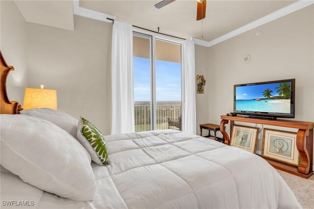 4751 W Bay Blvd Unit 1005, Estero, FL 33928 - bedroom featuring access to outside, ornamental molding, carpet floors, and ceiling fan