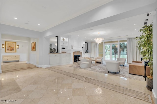 unfurnished living room with crown molding and a chandelier