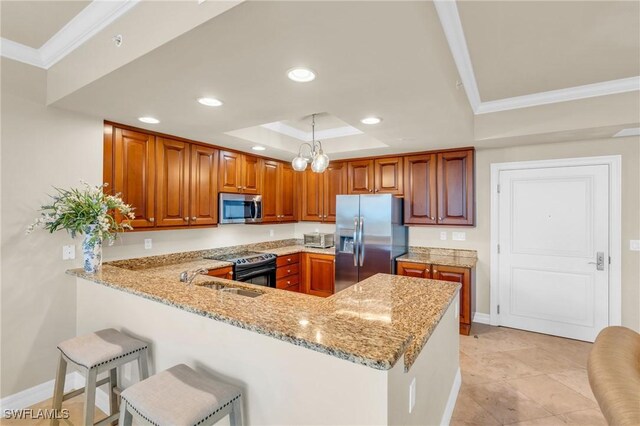 4751 W Bay Blvd Unit 1005, Estero, FL 33928 - kitchen featuring stainless steel appliances, ornamental molding, a peninsula, a sink, and light stone countertops