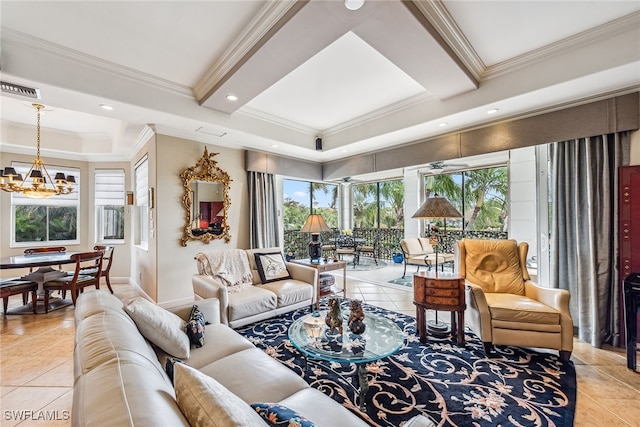 living room with ornamental molding, light tile patterned flooring, and an inviting chandelier