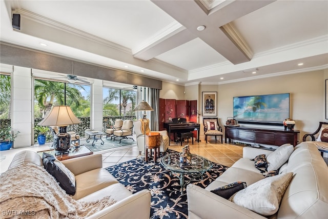 tiled living room featuring beam ceiling, crown molding, coffered ceiling, and ceiling fan